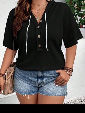Black Hooded Short-Sleeve Henley Top with Drawstring